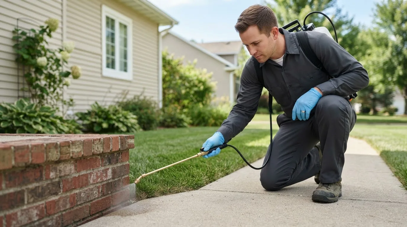 Pest control technician treating a home near Valleyford, WA